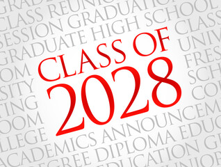 Class of 2028 - the group of students who graduated from high school or college in the year 2028, word cloud concept background