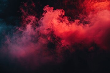 A thick red and blue cloud of smoke fills the frame against a dark, featureless black background