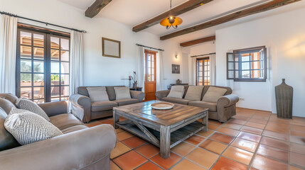 A spacious, well-lit living room with terracotta tiled flooring, wooden ceiling beams, large sofas, a wooden coffee table, and multiple windows offering a view of the outdoors