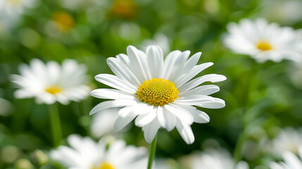 Fototapeta premium Closeup of white daisies in full bloom, with vibrant and delicate petals and a yellow center, against a soft focus background of green grasses in a serene garden setting with natural light