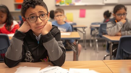 Young boy with glasses looking tired in a classroom, surrounded by other students, with a focused and thoughtful expression.