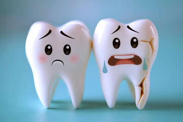 sad expressions tooth decay, cracked tooth cartoon character on a blue turquoise background