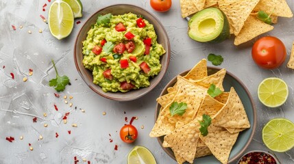 A delicious bowl of guacamole on a grey table, topped with crisp nacho chips and fresh lime slices, presented in a creative flat lay. 
