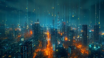 Illuminating the Future - 5G Technology Impact on City Skyline. An image showcasing a cityscape lit up with a network of glowing data signifying the transformative power of 5G technology.