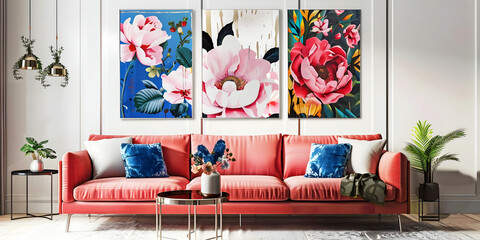 Flower themed interior house wall and sofa, ai generated.	