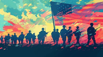 Silhouettes of soldiers marching with an American flag amidst a vibrant, artistic backdrop, symbolizing patriotism and courage.