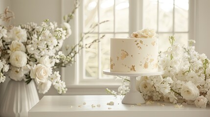 a cake adorned with gold leaf on a white cake stand, positioned near white flowers, with a softly lit random background in a bright, well-lit room.