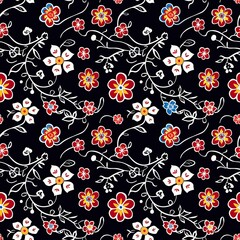 a image of a black background with a pattern of red, white, and blue flowers