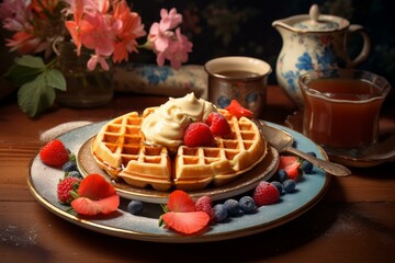 Gourmet waffles topped with whipped cream, strawberries, and blueberries on an elegant table setting