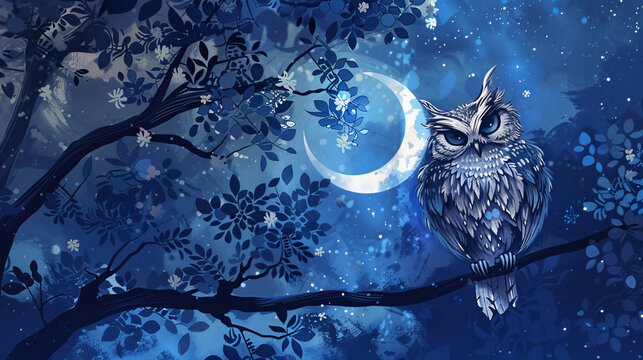 A blue sky with a crescent moon and a large owl perched on a tree branch. The owl is looking to the right