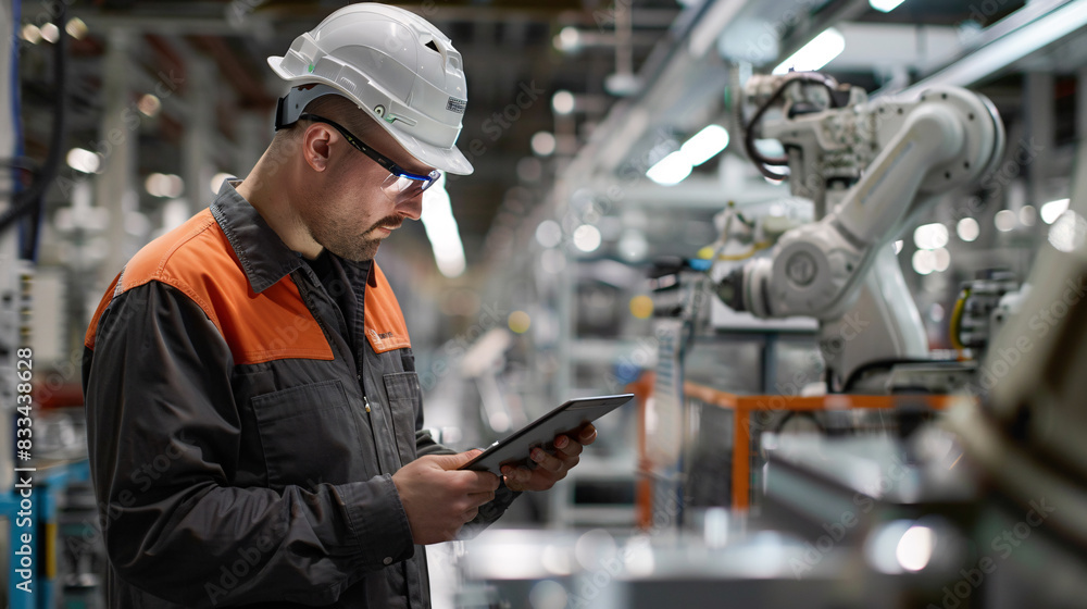 Poster a man in a safety vest is looking at a tablet while standing next to a robot. concept of technologic