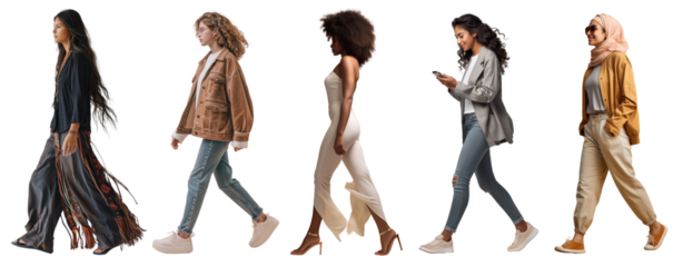 Diverse women walking full body set