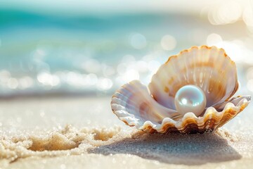 pearl in a shell, seashore in the backgroundpearl in a shell, seashore in the background