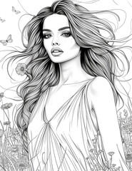 Fototapeta premium A woman with long hair is standing in a field of flowers. She is wearing a white dress and has a smile on her face