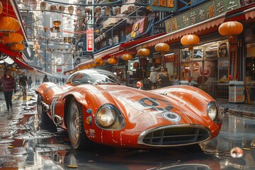 Obraz premium Vintage orange sports car parked on a bustling street in China, with traditional lanterns and vibrant storefronts.