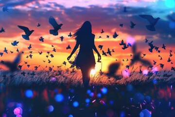 A woman stands in a natural setting with birds flying around her, suitable for use in outdoor or nature-themed projects - Powered by Adobe