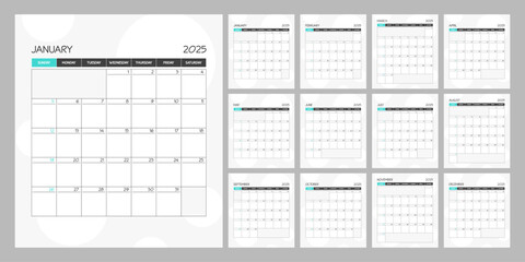 Monthly calendar blue square planner template schedule for 2025 year. Week Starts on Sunday