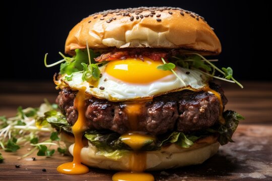 Juicy burger topped with a sunny-side-up egg and crispy vegetables, served on a rustic wooden board