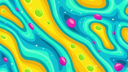 Seamless pattern. Vibrant abstract pattern with flowing shapes and bold colors in turquoise, yellow, and pink. Energetic and dynamic design concept.