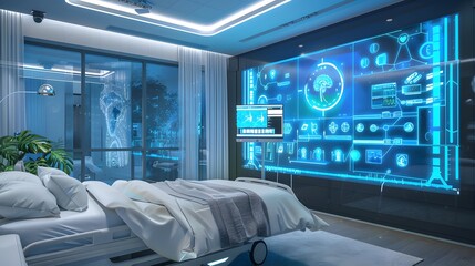 a hospital room equipped with advanced holographic displays for patient monitoring and communication with doctors