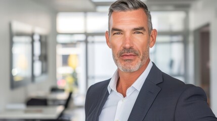 Naklejka premium Portrait of a confident middle-aged businessman with gray hair and beard in a modern office. Leadership and wisdom concept.
