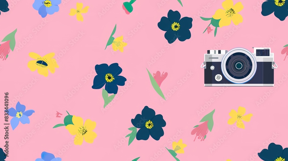 Poster camera-captured blooms flat design top view camera-captured theme animation vivid. seamless pattern,