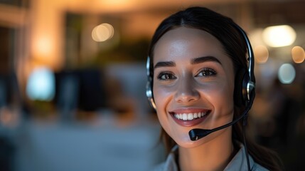 happy female contract service representative telemarketing operator smiling to camera. Happy beautiful woman call center agent or salesman wearing headset working in customer support office