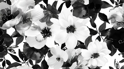 Digital florals flat design side view tech-inspired theme water color black and white . Seamless Pattern, Fabric Pattern.