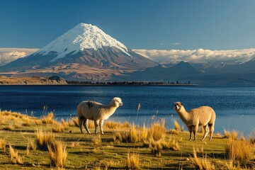 A pair of sheep grazing on a lush green hillside