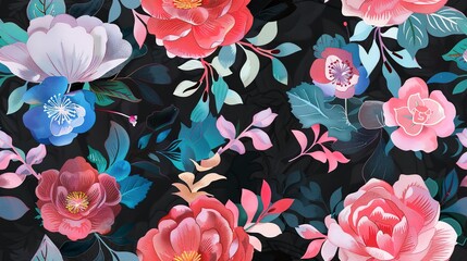 Oriental florals flat design top view oriental theme water color Triadic Color Scheme. Seamless Pattern, Fabric Pattern.