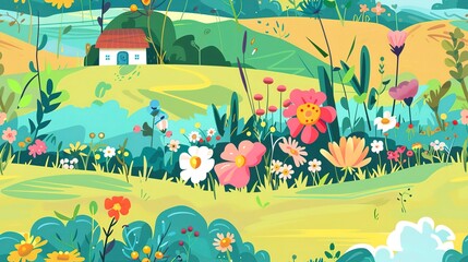 Fototapeta na wymiar Countryside blooms flat design front view country theme animation vivid. Seamless Pattern, Fabric Pattern.
