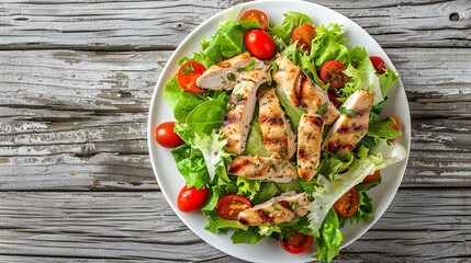 Grilled chicken salad with cherry tomatoes and lettuce on a white plate. Side view food photography. Healthy eating and fresh ingredients concept for design and print.