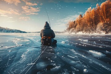 A person trying their luck while ice fishing on a frozen lake - Powered by Adobe