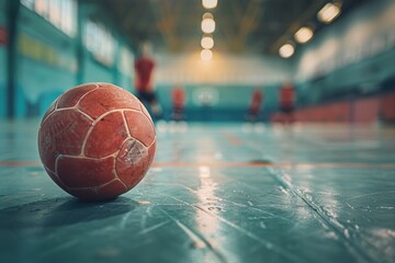 A red ball sits atop a basketball court, ready for play