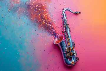 A vibrant stock photo captures a saxophone blowing a cascade of glitters, with a vivid color palette of electric blues, radiant purples and pinks, and shimmering golds.
