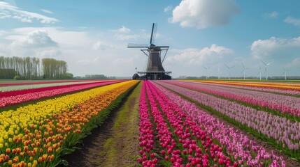 Fototapeta premium A field of flowers with a windmill in the background