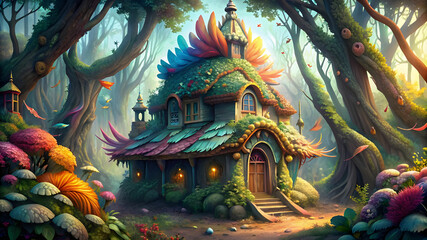 Fototapeta premium A detailed and whimsical illustration of a Dreamy house constructed entirely from soft, colorful feathers.