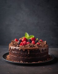 chocolate cake with strawberries and currants