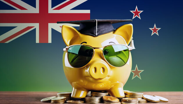 A piggy bank with glasses and a graduation cap sits atop a pile of coins, with the New Zealand flag in the background, symbolizing education savings and financial growth in the New Zealand - Powered by Adobe