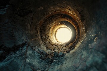 A hole in the side of a rock with a faint light at the end, suitable for use as a symbol or metaphor
