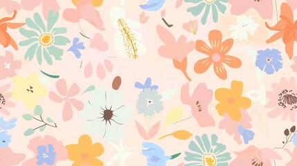 Flower wallpaper flat design top view collage theme cartoon drawing colored pastel . Seamless Pattern, Fabric Pattern.