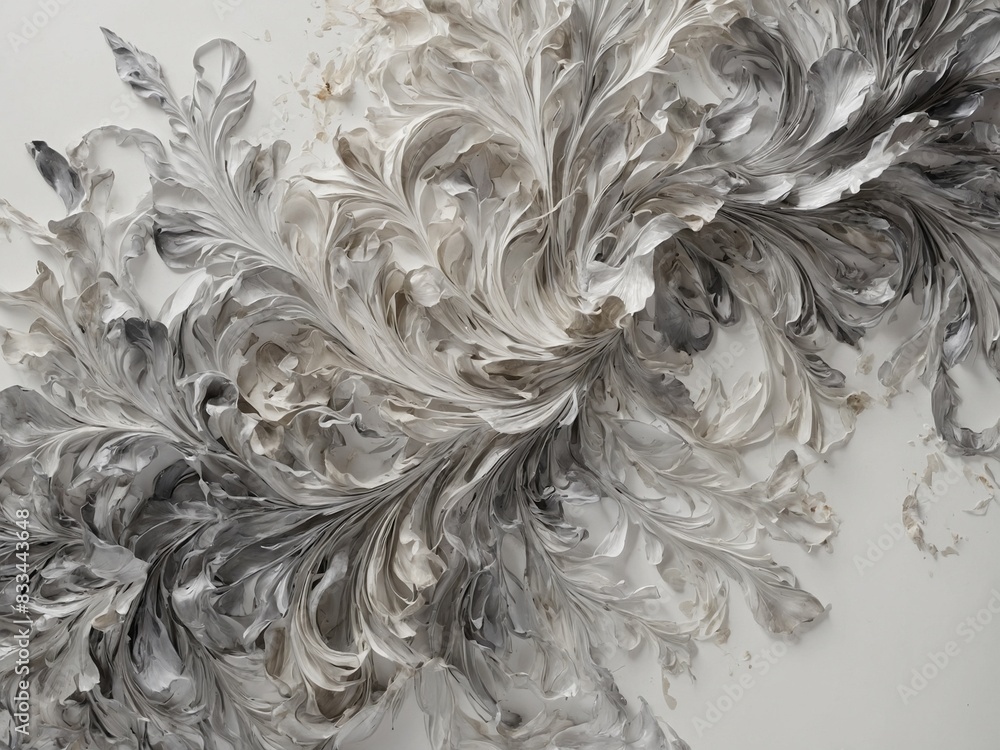 Poster dynamic display of gray, white brushstrokes swirls across image, creating abstract scene that evokes
