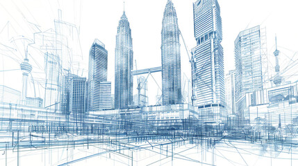 Architectural Sketch of Modern City Skyline with Skyscrapers and Intricate Details
