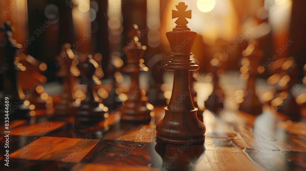 Poster a detailed view of a chessboard with multiple pieces in various positions, ideal for use in illustra