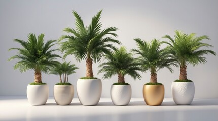 Fototapeta premium Miniature palm trees planted in a ceramic pot, ideal for tabletops or small spaces