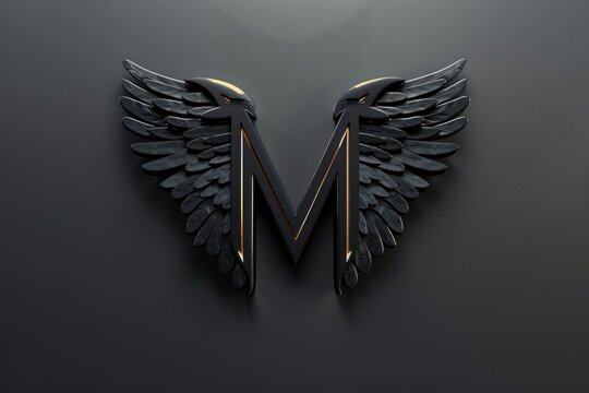 A stylized letter M with winged design in black and gold colors