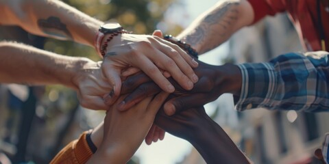 A group of people with hands clasped together, symbolizing unity and cooperation