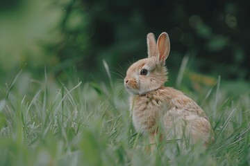 Fototapeta premium A small rabbit is sitting in the green grass, possibly taking a break or enjoying the surroundings