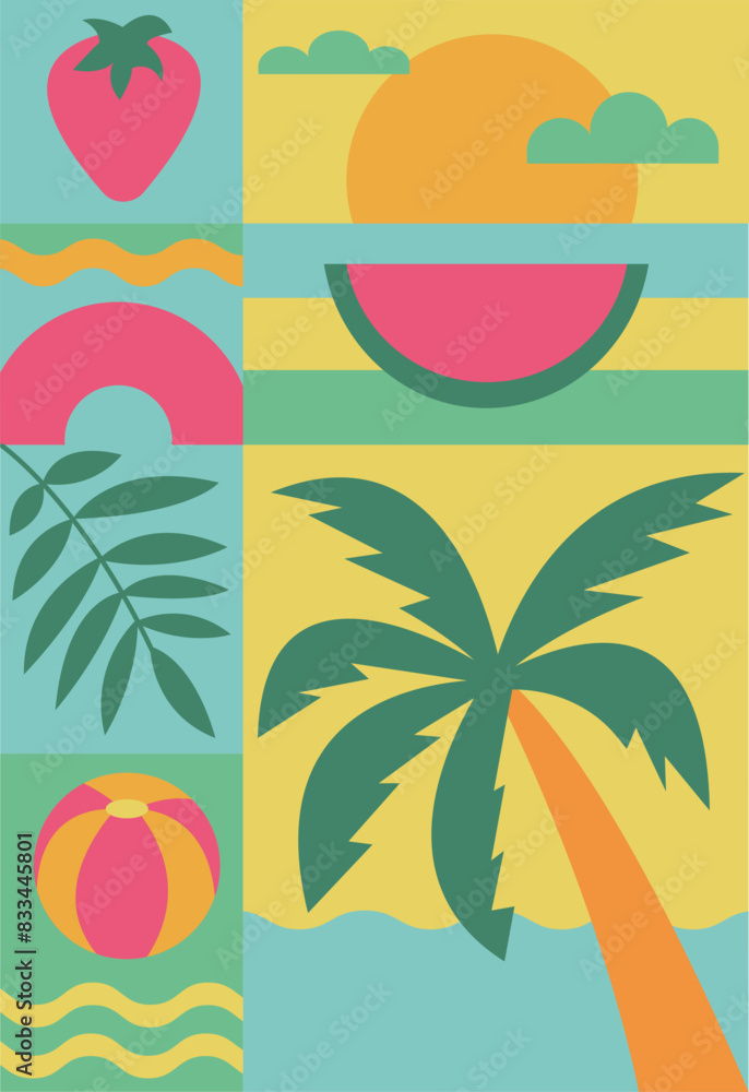 Poster retro cover with summer geometric elements. background with palm tree and fruits in modern style. co