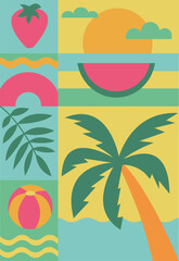 Retro cover with summer geometric elements. Background with palm tree and fruits in modern style. Concept design
